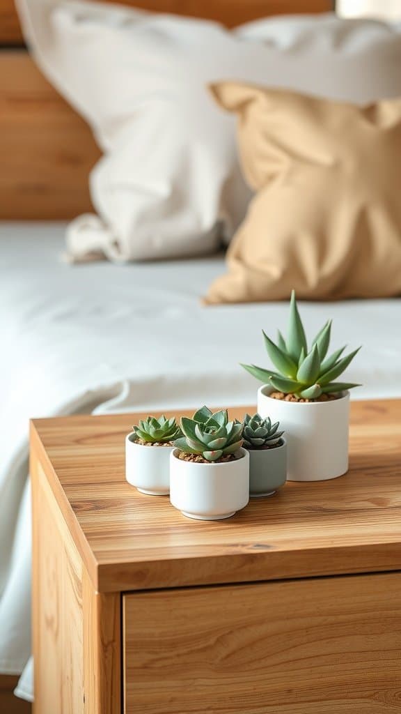 Mini succulent garden on a nightstand with various pots
