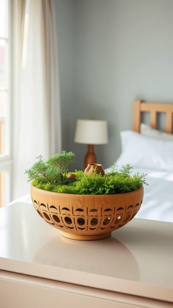 A beautifully arranged moss bowl as a centerpiece in a bedroom.