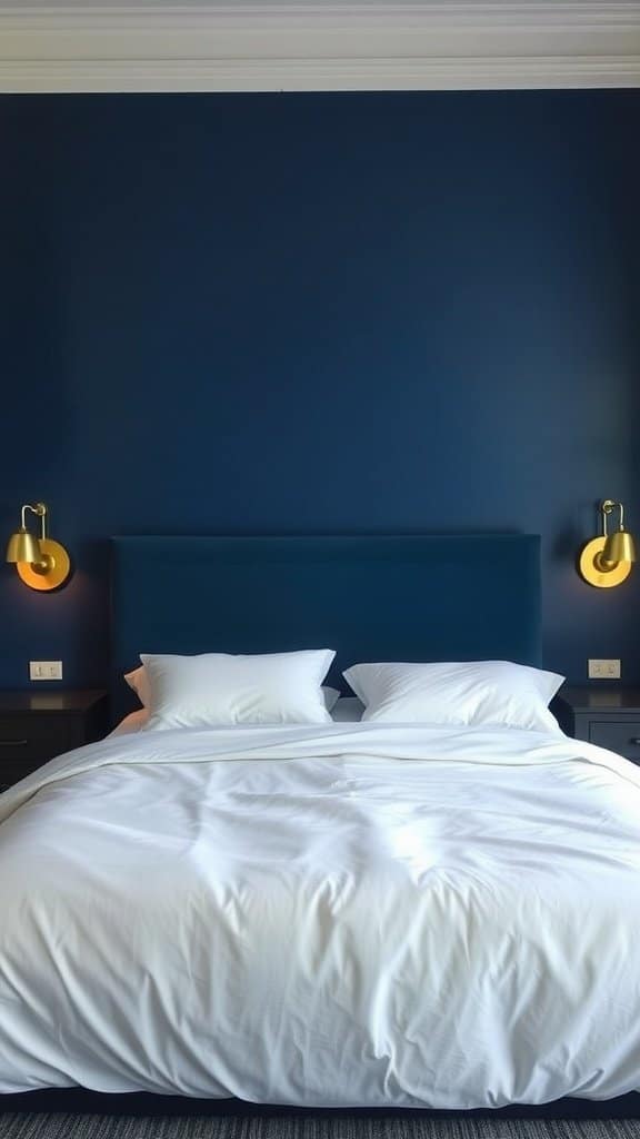 A cozy bedroom featuring an Aura Indigo accent wall.