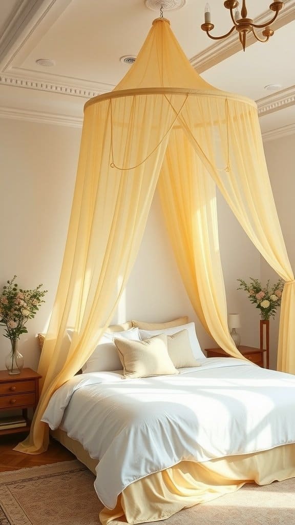 Indigo bed canopy draped over a bed.