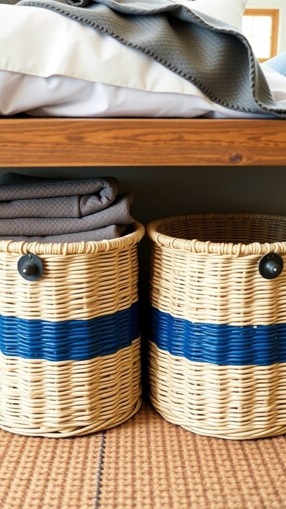 Woven baskets in a bedroom setting with an indigo blanket.