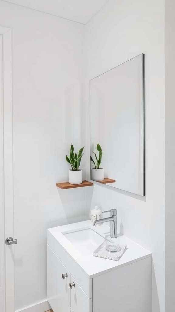 A small, modern bathroom featuring a sink, a mirror, and two small plants on a shelf.