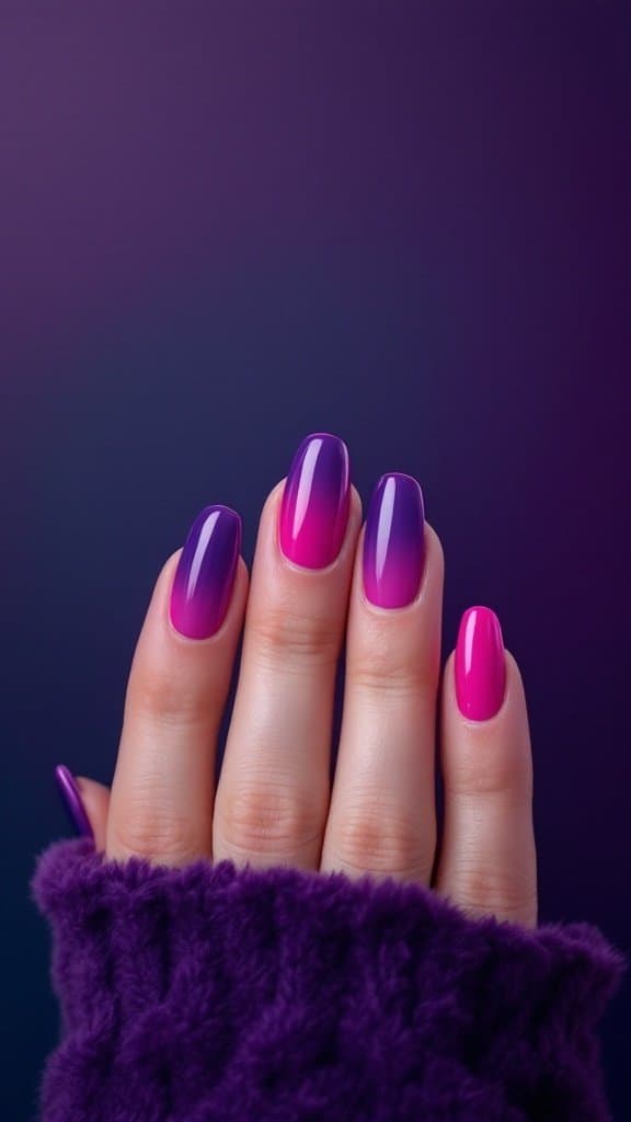 A close-up of bold berry ombre acrylic nails featuring rich purples and vibrant pinks.