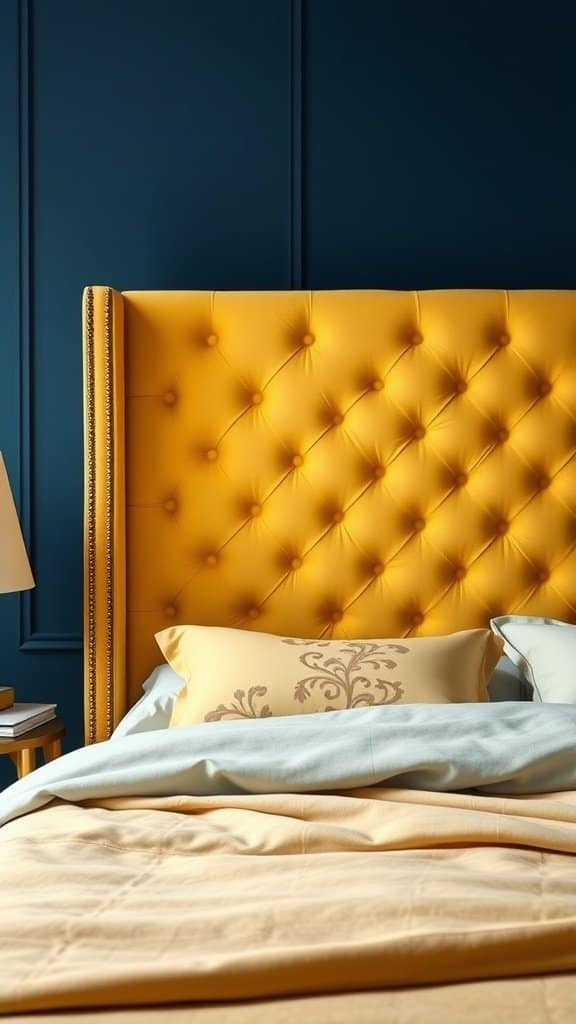 A bold yellow headboard in a bedroom
