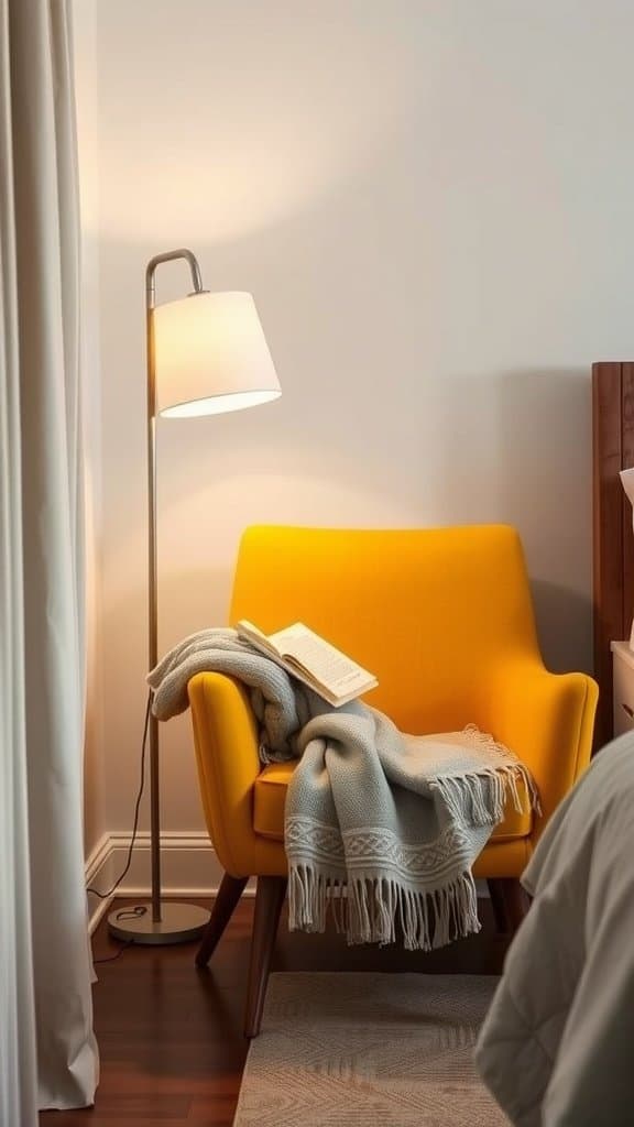 An accent chair in butter yellow with a cozy blanket and a book on it.