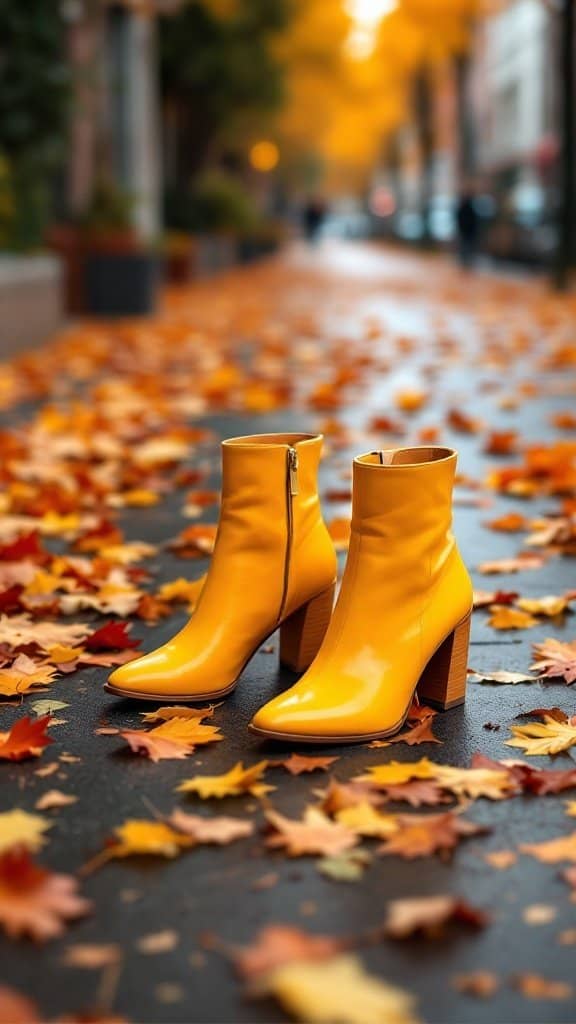 Butter yellow ankle boots on a street covered with autumn leaves