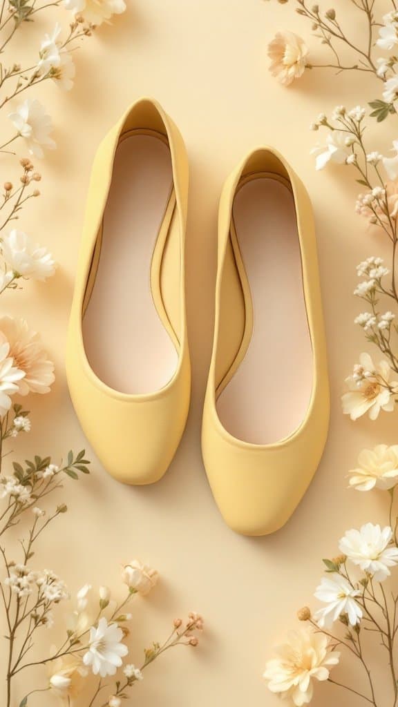 A pair of butter yellow ballet flats surrounded by flowers