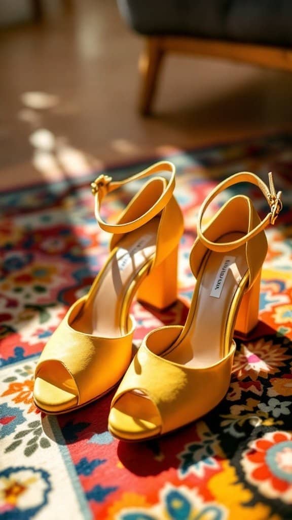 Butter yellow chunky heels on a colorful patterned rug