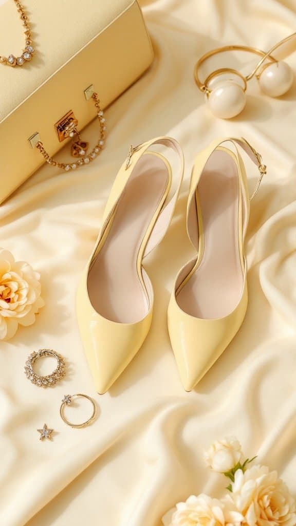 Butter yellow kitten heels with accessories