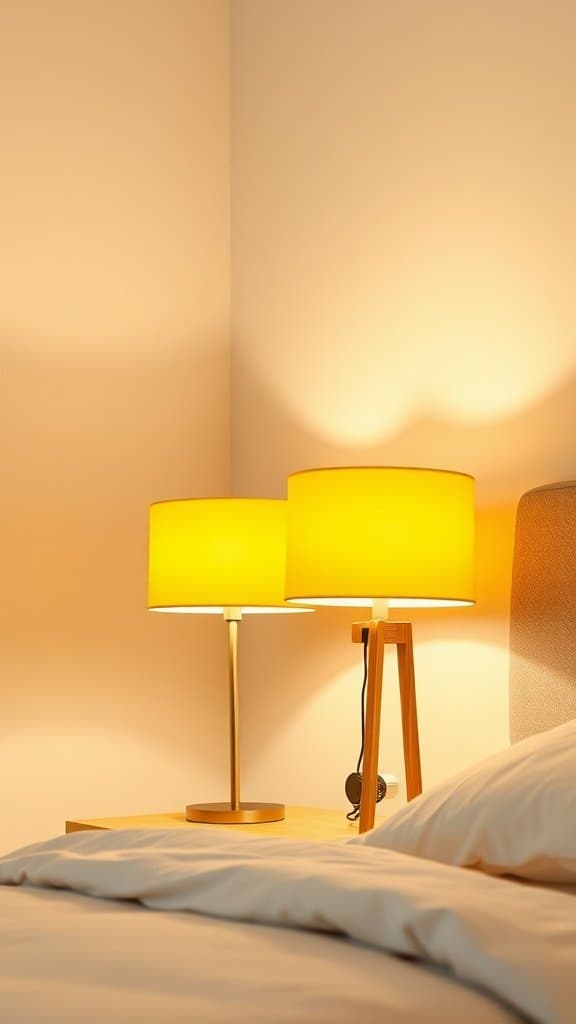 A serene bedroom with butter yellow lampshades illuminating the space.