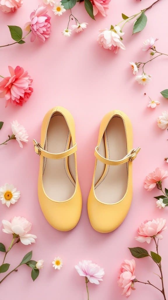 Butter yellow Mary Janes on a pink background surrounded by flowers