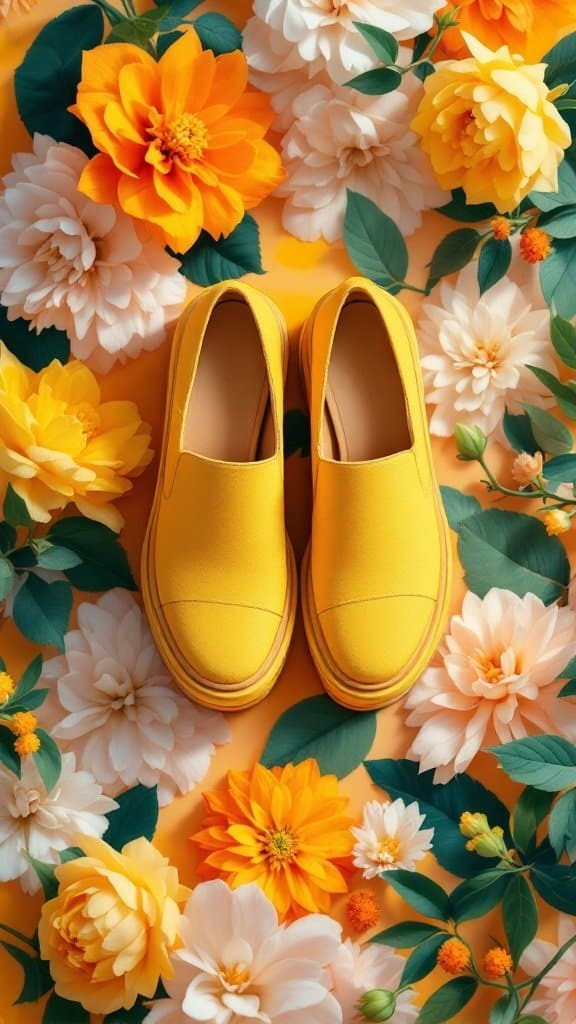 Butter yellow platform shoes surrounded by colorful flowers.