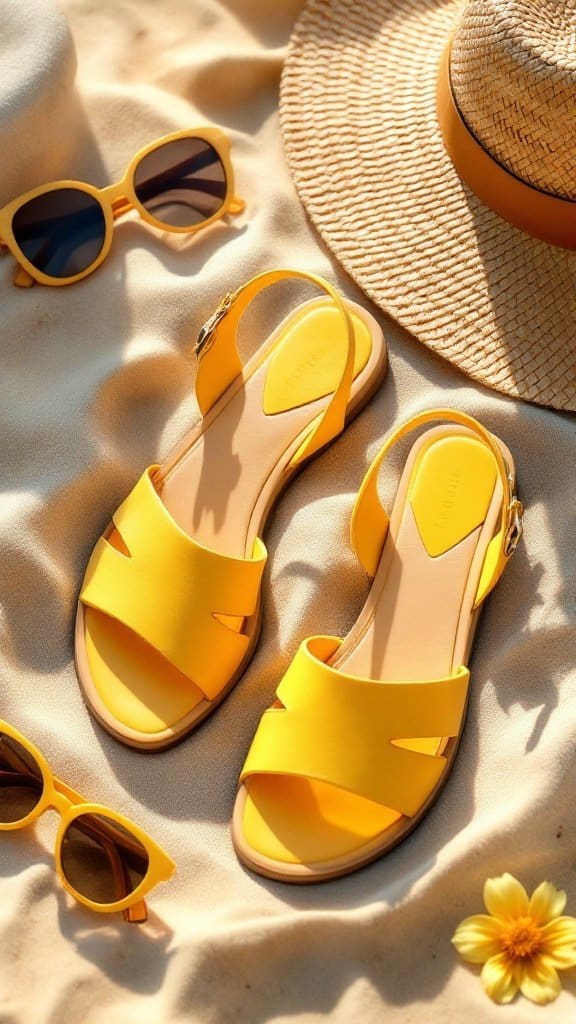 A pair of butter yellow sandals on a sandy beach