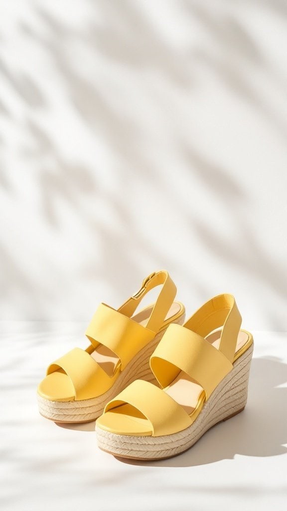 A pair of butter yellow wedges on a white surface.