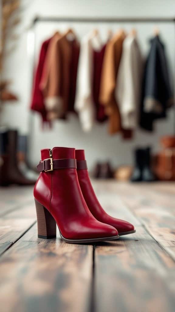 A pair of cherry red ankle boots displayed against a blurred clothing backdrop.