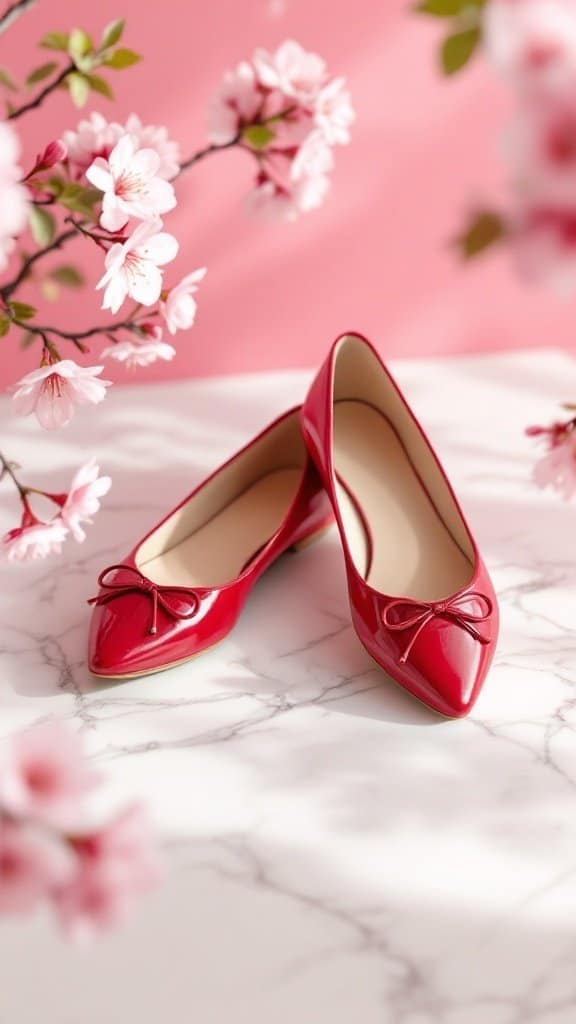 Cherry red ballet flats with a bow detail