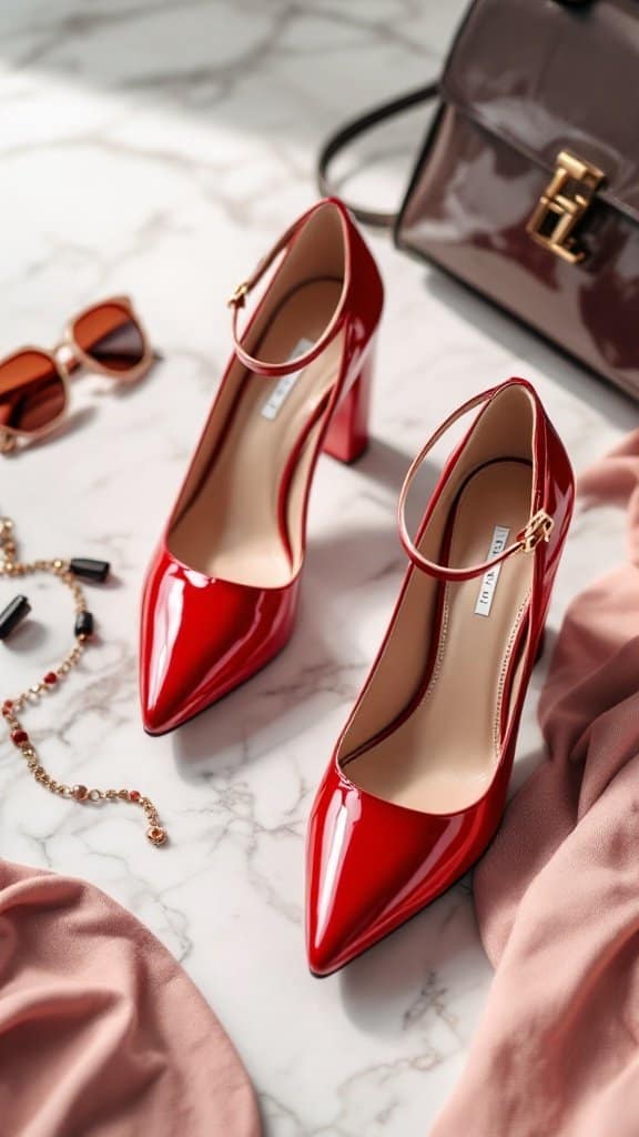 A pair of cherry red chunky heels displayed with accessories.