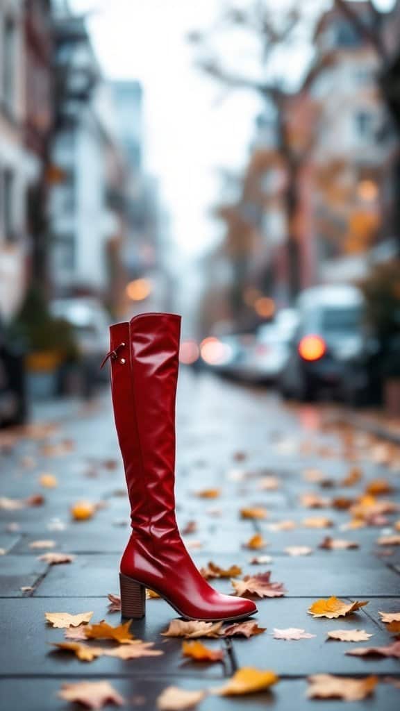 Cherry red knee-high boots on a city street