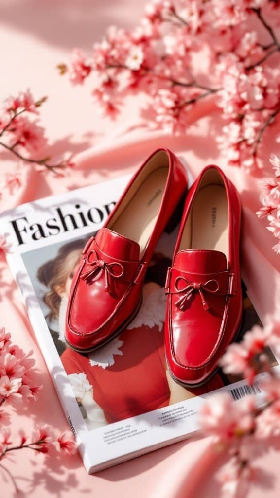 Cherry red loafers styled with flowers and a fashion magazine