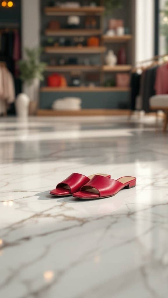 A pair of cherry red women's mules on a polished floor
