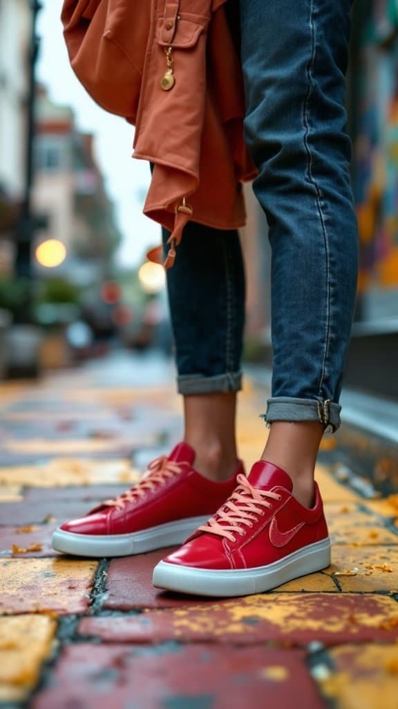 a pair of stylish cherry red sneakers on the street