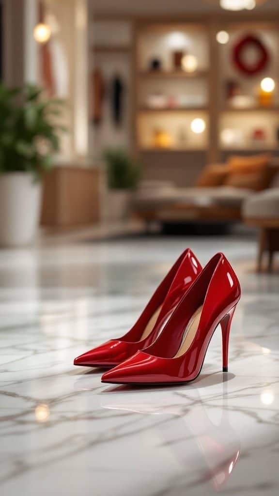 A pair of elegant cherry red stilettos on a marble floor