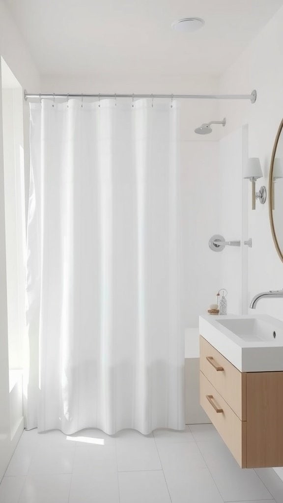 A bright bathroom featuring a light-colored shower curtain and minimalist decor.