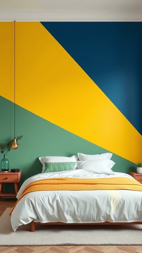 Color-blocked wall with yellow, green, and blue colors in a bedroom setting.