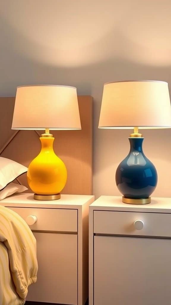 Colorful nightstand lamps in yellow and blue