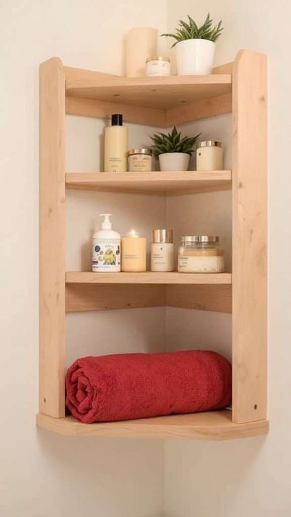 A neatly arranged corner shelving unit in a small bathroom.