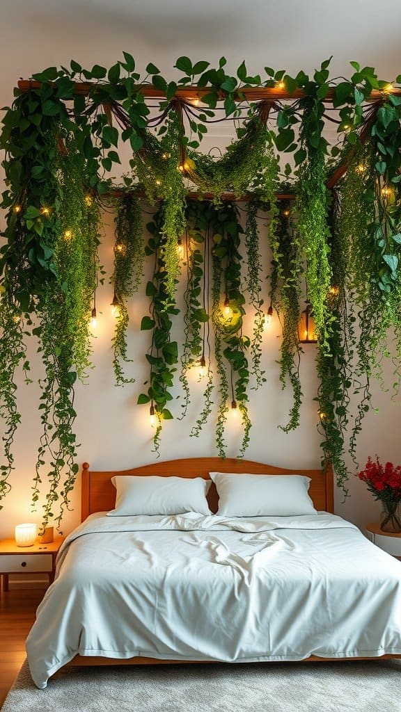Canopy effect with hanging vines around a bed.
