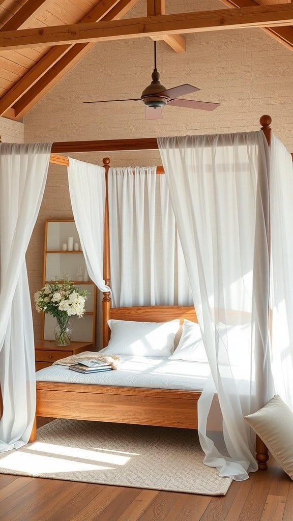 Cozy bedroom with sheer cotton drapes creating a canopy effect