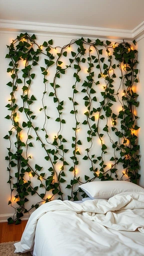 Artificial vines on a wall with lights in a bedroom