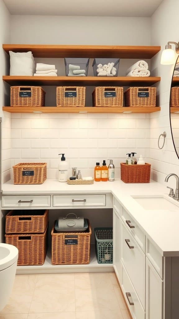 Organized small bathroom with shelves and storage baskets