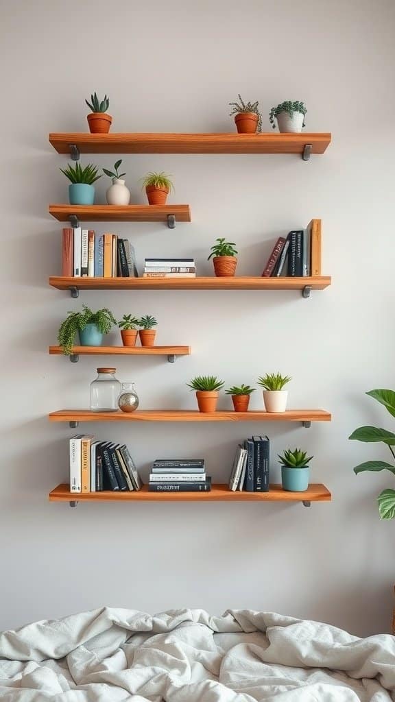 Decorated shelves with small potted plants and books