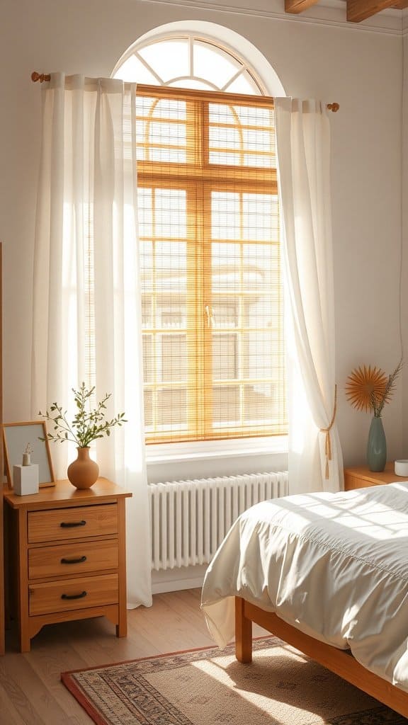 Bamboo blinds in a bright bedroom with natural light.