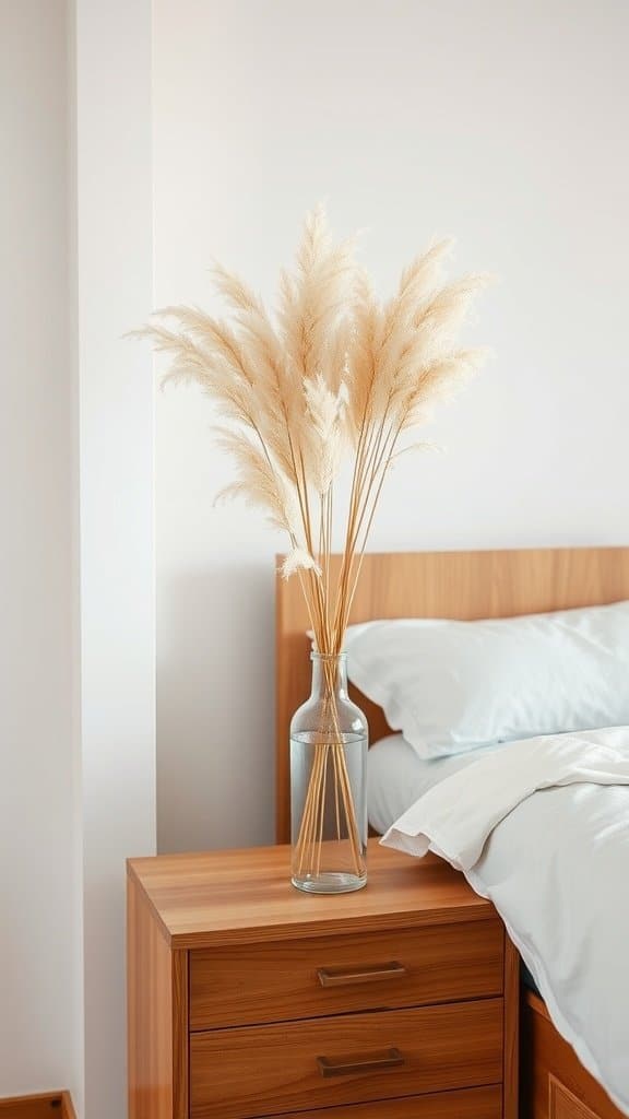 Dried pampas grass in a vase on a nightstand