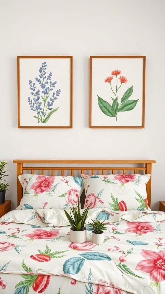 A beautifully decorated bedroom featuring floral and botanical prints in the bedding and wall art.