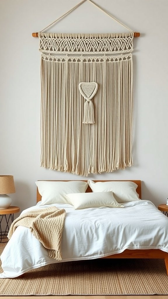 A cozy bedroom featuring handwoven macramé wall art.