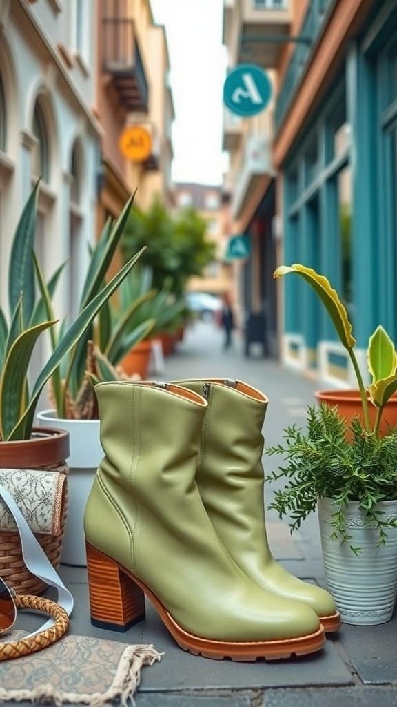 Dill green ankle boots displayed among various plants and accessories