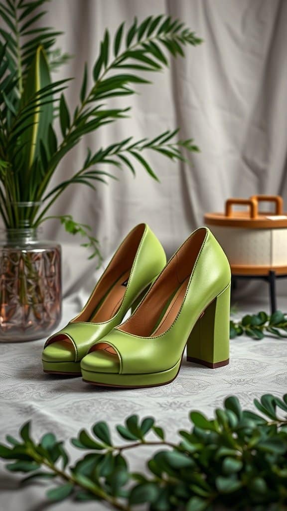 Dill green chunky heels on a textured surface, surrounded by green foliage.