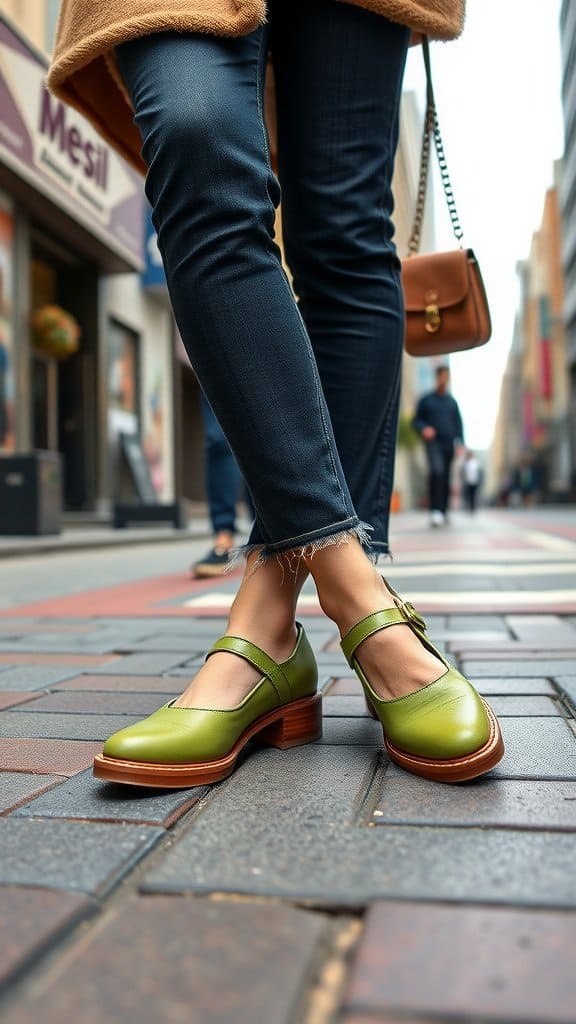 Dill green Mary Janes footwear on a person walking in a city street