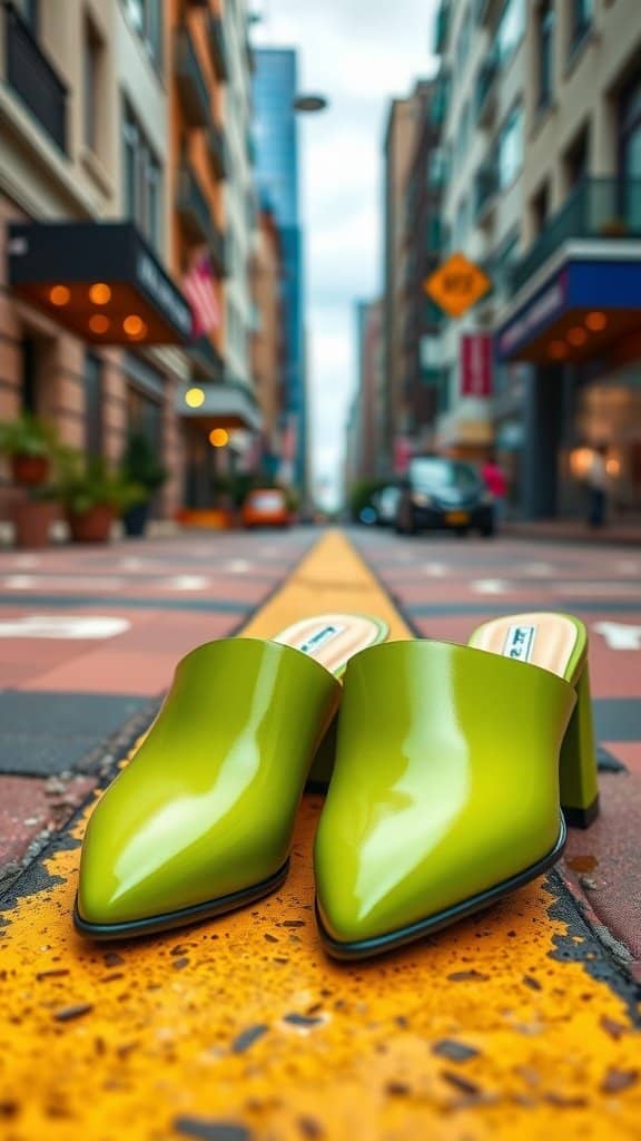 A pair of stylish dill green mules on a city street.