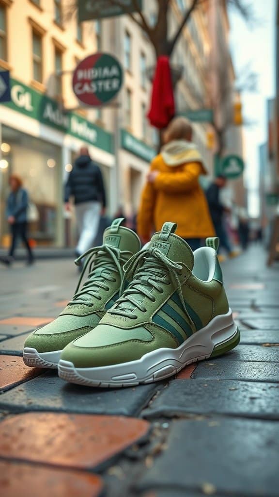 Dill green sneakers on a city street