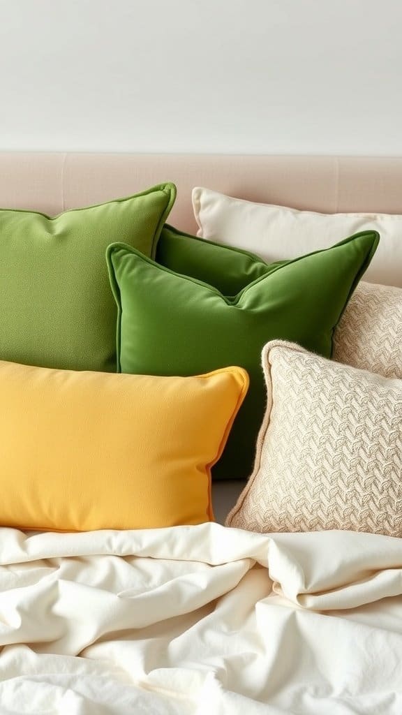 Dill green throw pillows on a bed