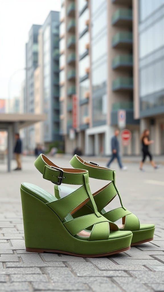 Dill green wedge sandals showcased in an urban setting.