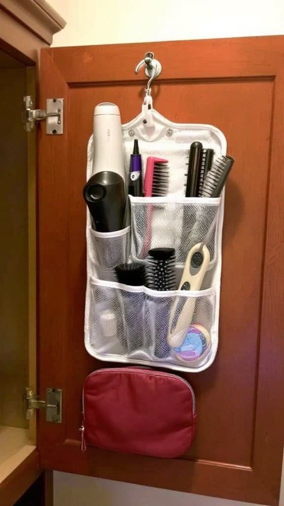 Organizers mounted on a bathroom door for storage
