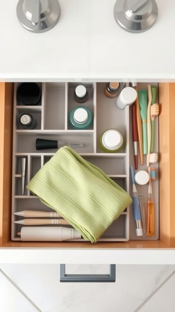 Organized bathroom drawer with dividers separating various toiletry items.