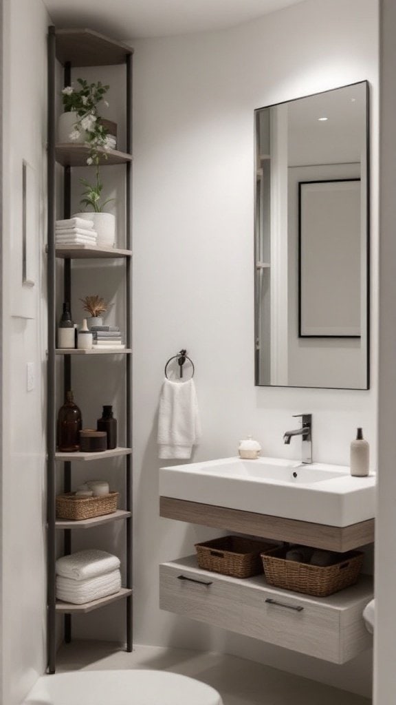 A small bathroom with a minimalist design featuring a tall mirror and vertical storage.