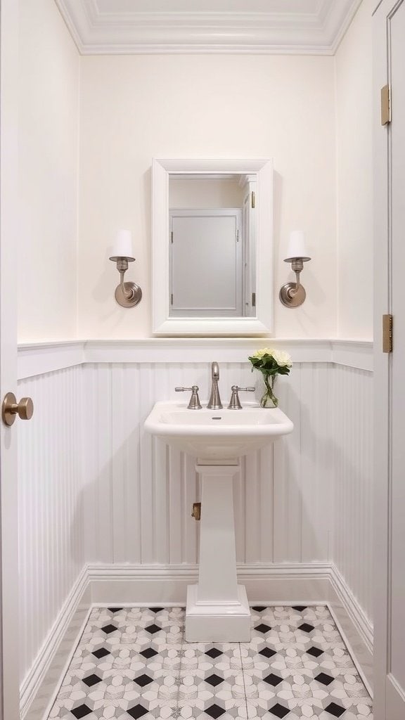 A small full bathroom featuring white wainscoting, a pedestal sink, and decorative tile flooring.